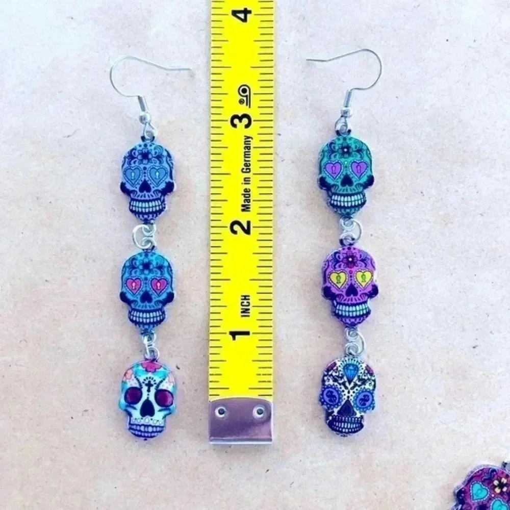 Sugar Skull Dia de los Muertos Mixed Style Drop Earrings Handmade